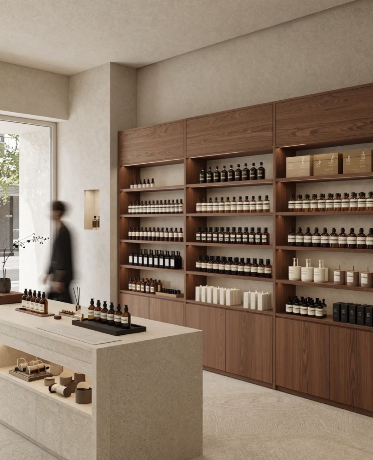 boutique premium, étagères en noyer et comptoir en pierre — ayyur interiors.